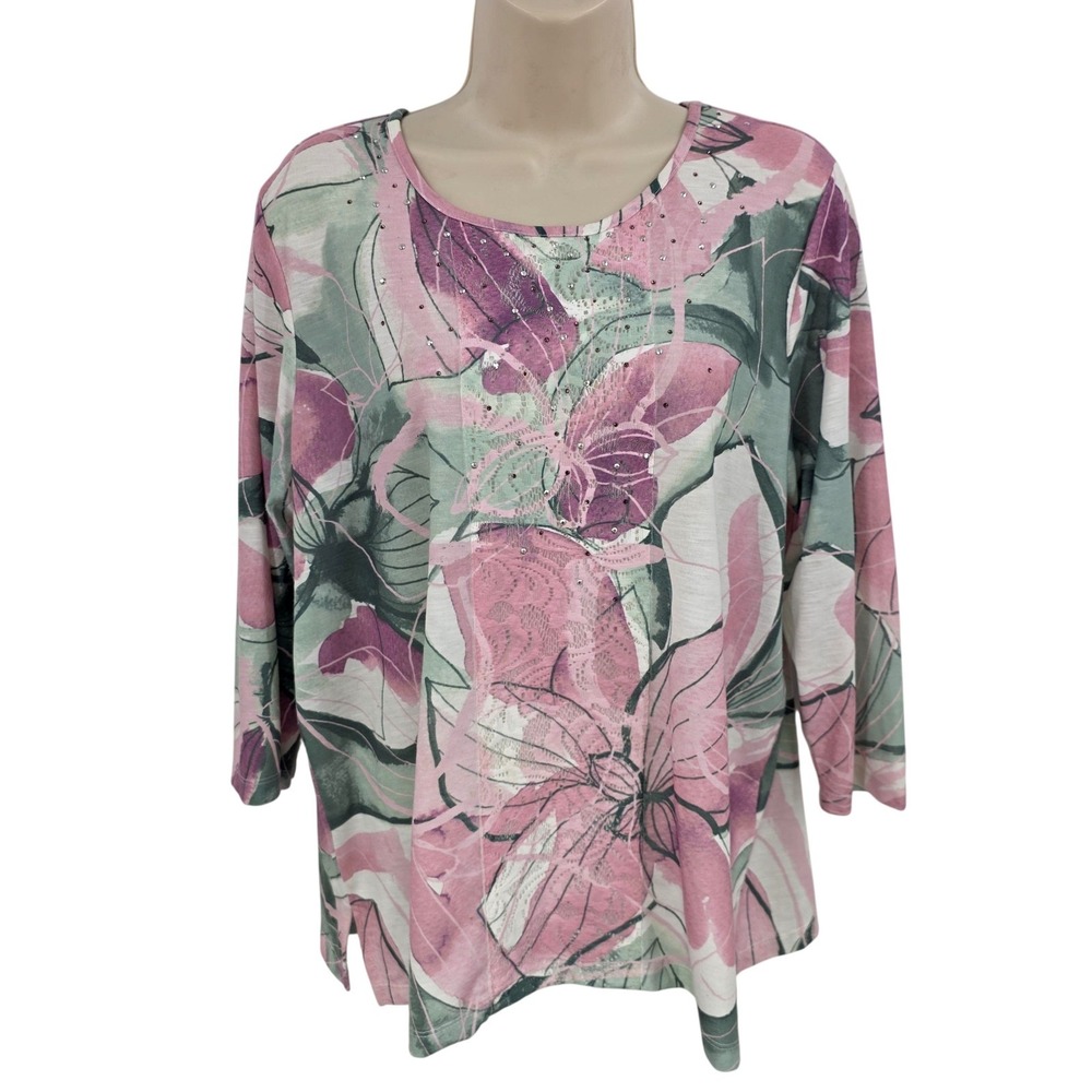Alfred Dunner Shirt Women Petite PM Pink Floral Rhinestone 3/4 Sleeve Artsy